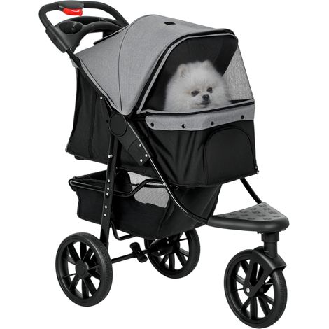 Hundewagen klappbar Hundebuggy für kleine Hunde bis 10 kg Katzenwagen mit 3 Rädern, Netzfenstern, Getränkehalter, Ablagekorb Katzenbuggy mit Bremse, Kohlegrau (1/5)
