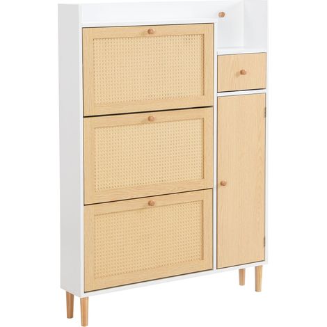 ELVMI Scarpiera con 3 Ante a Ribalta, 1 Cassetto e Ripiani Regolabili per Ingresso in MDF 90 × 17 × 125 cm Naturale e Bianco (1/5)