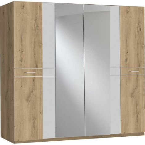 Armoire Placard, meuble de rangement avec 2 miroirs coloris Imitation chêne poutre + verre chrome - Longueur 225 x Hauteur 208 x Profondeur 58 cm
