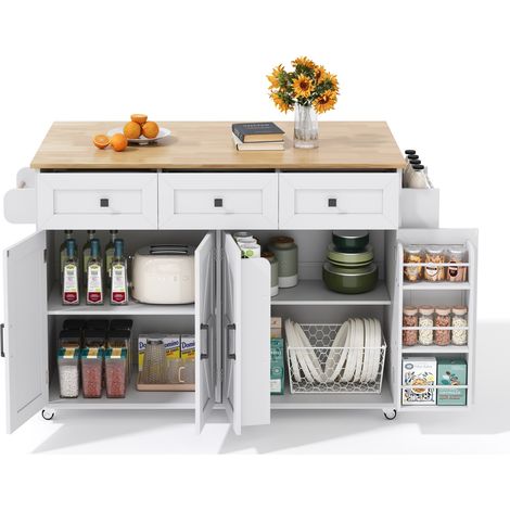 Îlot de cuisine avec plateau rabattable, 4 portes, 3 tiroirs, étagères de porte et roulettes verrouillables, style grange blanc et bois, CHICFURN (1/5)