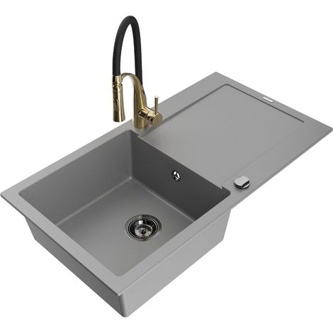 Mexen Leo évier en granit 1 bac avec égouttoir et robinet de cuisine Aster, gris - 6501-71-73450-57-B (1/5)