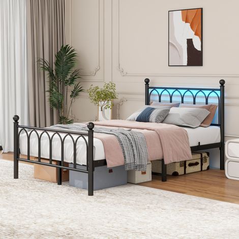 Lit adulte 120x200 cm avec LED, ports USB et prise, tête et pied de lit hauts, en métal noir, sans matelas (1/5)