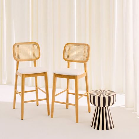 Lot de 2 tabourets de bar bois d'hévéa cannage et tissu 66.5cm - Mani Naturel / Beige