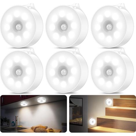 Veilleuse Detecteur De Mouvement - 60 Lm - Capteur PIR 3-5 M - Angle 120° - Sans Fil - ABS - Blanc Froid - Pour Armoire Escalier Chambre Cuisine - Lot De 6 (1/5)