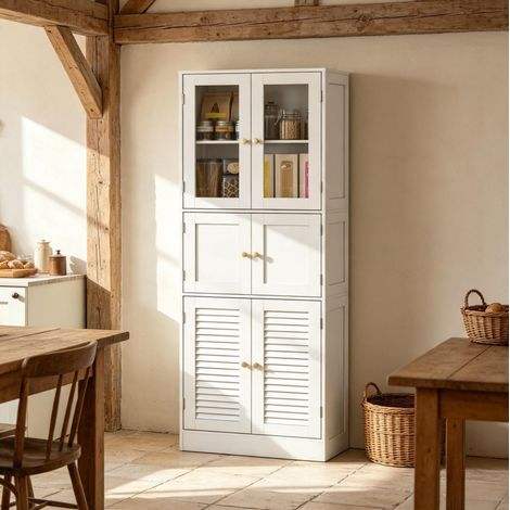 Armario de baño alto 60/30/170 cm blanco con 6 puertas, estantes ajustables y cristal (1/5)