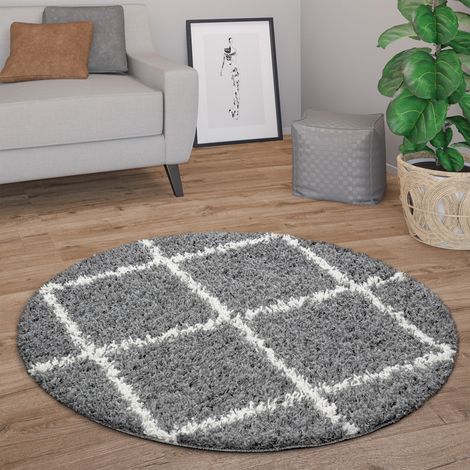Paco Home Tappeto Salotto Pelo Lungo Rotondo Moderno Shaggy Pelo Lungo Scandinavo Diamanti Grigio, Ø 160 cm tondo