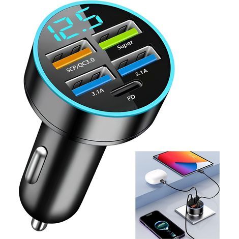 Dual-USB-Autoladegerät 66W/3,1A, 5 USB-Zigarettenanzünderanschlüsse, Schnellladefunktion QC3.0 für Mobiltelefone mit LED-Voltmeter, kompatibel mit Samsung, Xiaomi und Android-Smartphones mit Typ-C-Ans (1/5)