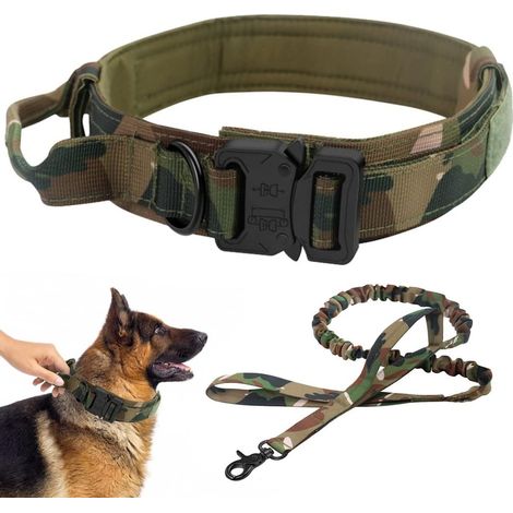 K9 Collar Tactical Dog Collar with Handle Dog Collar Wide Large Dogs, Elastic Dog Leash Bungee Leash Adjustable Dog Collar Nylon for Dog Training, Camouflage Green, Large Size (1/5)