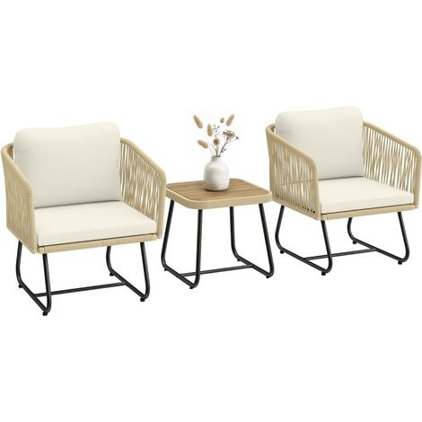 Ensemble bistro rotin 3 pièces FSC : 2 fauteuils + table à plateau bois lames, cadre acier, coussins épais lavables pour jardin (1/5)