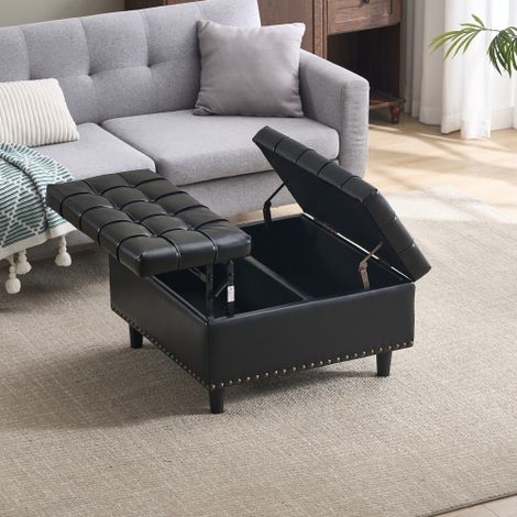 Grand pouf de rangement carré — Banc de rangement à couvercle relevable — Idéal pour les bureaux à domicile (Convient aux salons, chambres et bureaux) — Coffre de rangement rembourré (Similicuir noir)