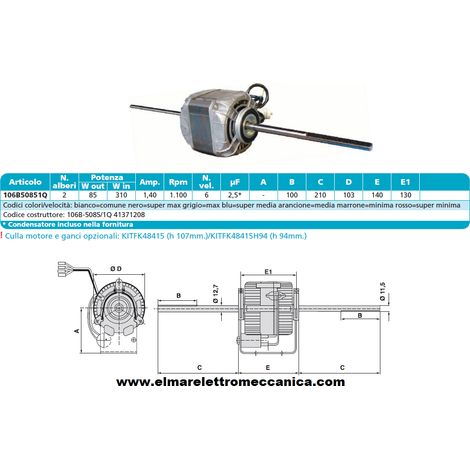 EMI 106B-5085/1Q Motore 310 W BIALBERO 6 Velocità aspiratore Fan Coil