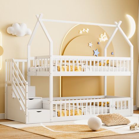 Letto a castello per bambini stile casetta in legno massello bianco 90x200 cm con scala di sicurezza e cassetti