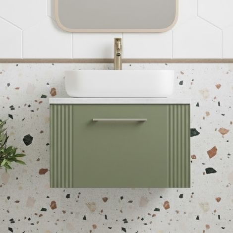 Nuie Deco Wall Hung 1-Drawer Vanity Unit with Bellato Grey Worktop 600mm Wide - Satin Green (1/5)