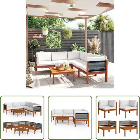 Canapé de jardin - Salon de jardin 6 pièces avec coussins, bois d'acacia crème et corde (1/5)