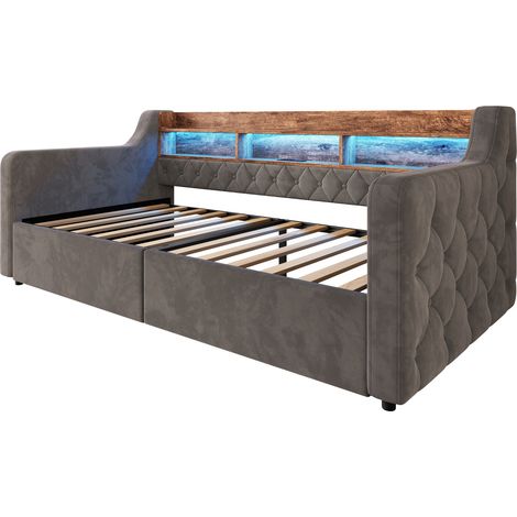 Letto singolo imbottito 90x190 cm in velluto grigio scuro con LED, USB, Type-C e 2 cassetti (1/5)