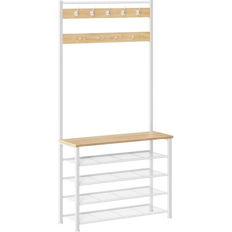 Porte-Manteau, Vestiaire, Meuble Entrée avec Étagère à Chaussures à 5 Niveaux, pour Entrée, Industriel, Blanc et Couleur Bois (1/5)