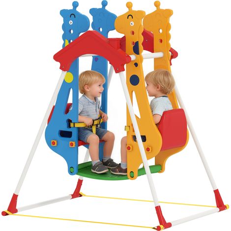 Altalena per bambini, struttura per altalena per bambini dai 3 ai 5 anni con due sedili uno di fronte all'altro, 114x94x134,5 cm, multicolore