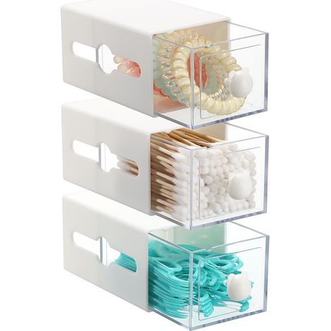 Lot de 3 porte-coton-tiges pour salle de bain : distributeur en plastique avec tiroir, support mural pour coton-tiges, organiseur de maquillage pour meuble-lavabo, pour coton-tiges, boules de coton (1/5)