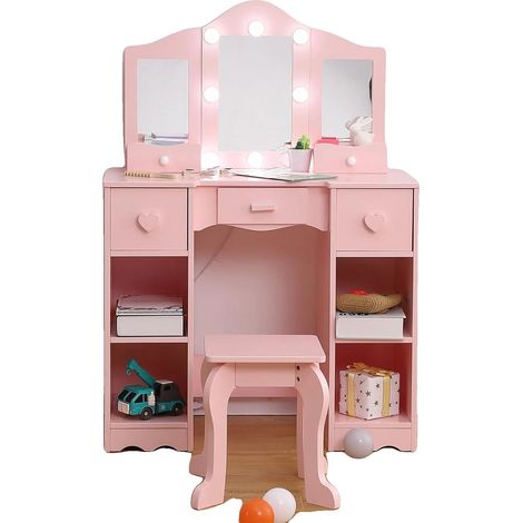 Set da toeletta per bambini, specchio removibile, ampio spazio contenitore, rosa (1/2)