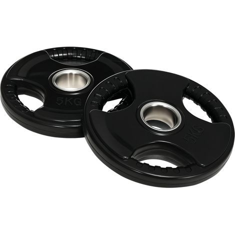 Disques de poids, plaques de poids 2 x 5 kg, à trois poignées avec trous de Ø 50 mm, couverture en caoutchouc, noir (1/5)