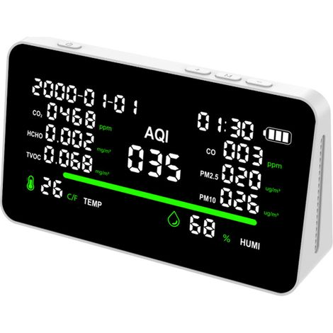 Monitor de calidad del aire recargable 11 en 1 con pantalla de 7 pulgadas, mide CO2, CO, PM2.5, PM10, HCHO, temperatura y humedad (para oficinas y hoteles).