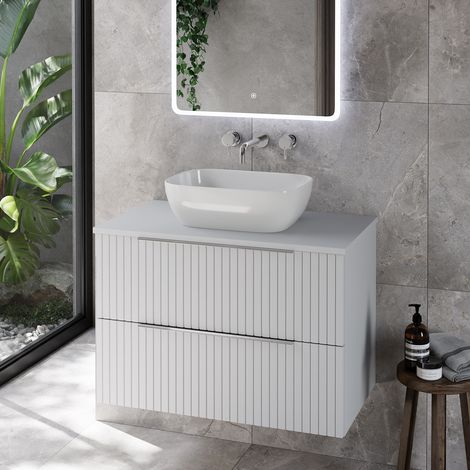 Helix 460 Fluted Satin White 800mm Wall Mounted 2 Drawer Vanity Unit for Countertop Basins