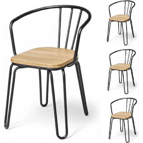Set aus 4 Stühlen aus mattschwarzem Metall und hellem Holz – Haarnadelbeine und durchbrochene Rückenlehne – Industriestil