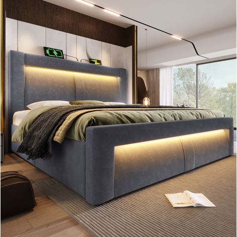 Cama dormitorio con almacenamiento LED gris 180 por 200 OKMYHOME (1/5)
