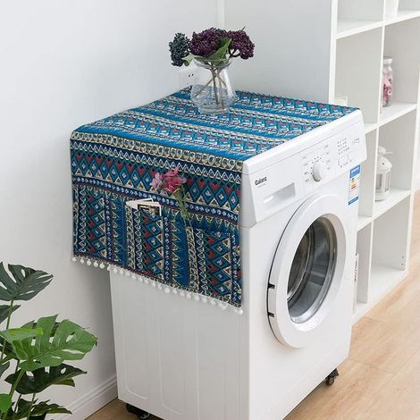 Housse de Protection, 130 x 55 cm Housse de Protection pour Réfrigérateur avec Poches de Rangement, Couvercle Anti-poussière pour Lave-linge Réfrigérateur à Porte Simple (Triangle bleu)- (1/5)