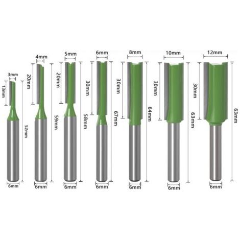 Lot de 7 fraises à bois professionnelles (3-12mm) - Tige 6mm double cannelure - Pour défonceuse & menuiserie