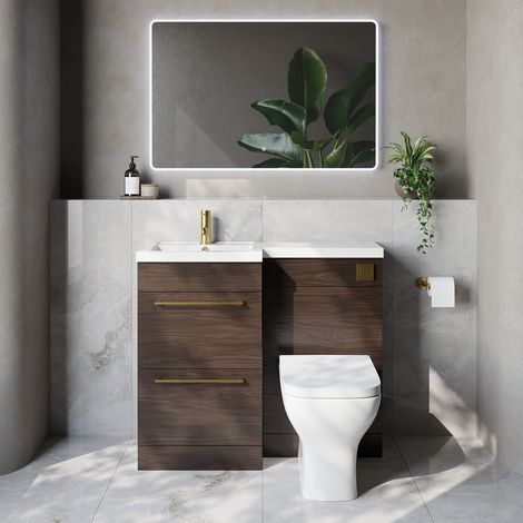 Napoli 390 Brown Oak 1000mm 2 Drawer Vanity Unit Toilet Suite with Left Hand Square Lucia Basin - 1000mm - Brushed Brass 320mm HandleWith Kingston Toilet Pan and Seat