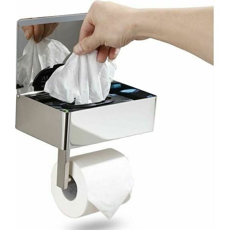 Soporte para papel higiénico cromado con estante, dispensador de toallitas desechables y organizador de baño: mantén tus toallitas fuera de la vista. Montaje en pared, una pieza, acabado brillante. Fo