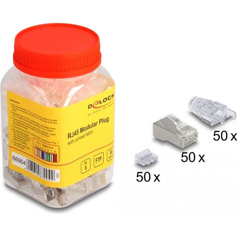 Delock Conector Modular RJ45 con pestillo curvo Cat.6 y botas de protecciÃ³n contra doblado Juego de 50 uds