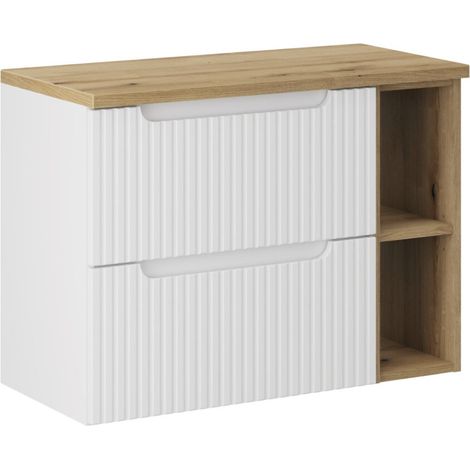 Meuble salle de bain suspendu NOVA 80cm – 2 tiroirs, étagère et plan de travail-Blanc/Naturel (1/5)