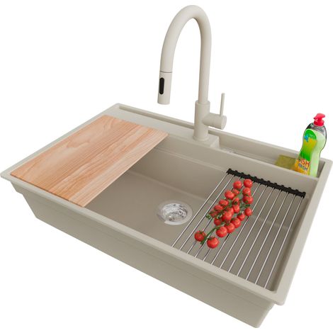 PRIMAGRAN Evier Cuisine en Granit 78x53cm,Lavabo 1 bac + Robinet 40x20cm + Kit de Vidage + Accessoires, Évier à Encastrer au meuble 80cm - Oslo Pocket, Beige (1/5)