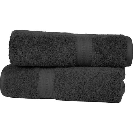 Lot de 2 serviettes de bain, 100 % coton, couleurs grand teint, douces et absorbantes, 70 x 140 cm, noires (1/5)