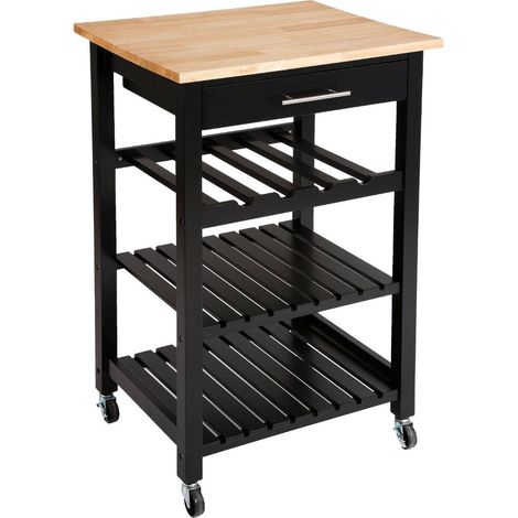 Atmosphera – Desserte de cuisine roulante en bois d'hévéa noir et naturel – 3 étagères – H 87 cm – Roulettes directionnelles avec freins (1/4)