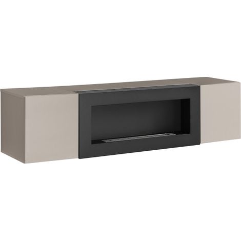 Meuble TV suspendu Fly avec cheminée bioéthanol - Bois MDF gris argile - 160 x 40 x 40 cm - Livraison gratuite (1/3)