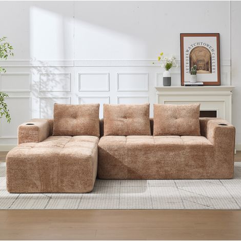 Canapé d’angle 258x163x68 cm marron clair en chenille rembourrée avec porte-gobelets (1/5)