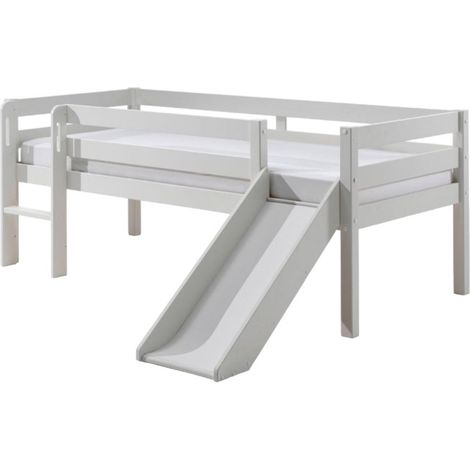 Paris Prix – Lit enfant surélevé avec toboggan – Bois de pin scandinave – Dimensions 90x200 cm – Espace de jeu en dessous – Finition laquée blanche (1/5)