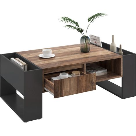 Table basse salon anthracite noir/gris - 2 tiroirs sans poignée + double rangement face/arrière - Similibois design & spacieux (1/5)