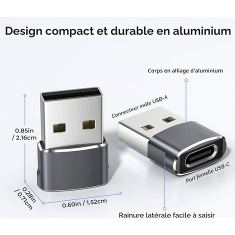 Adaptateur Usb-A Vers Usb-C - Alliage D Aluminium - Charge Et Transfert Données - Pour Smartphones Tablettes - Lot De 3 (1/5)