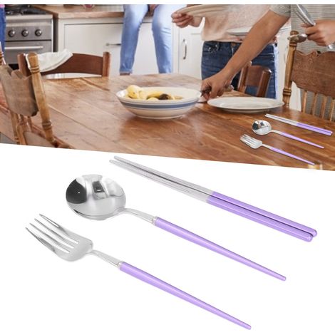 Ensemble de couverts en acier inoxydable, cuillères, fourchettes et baguettes écologiques, couverts de voyage portables en métal violet et argent. (1/5)