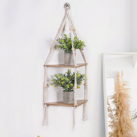 Estante esquinero colgante con cuerda, estantes flotantes de madera, soporte rústico bohemio para plantas (1/4)