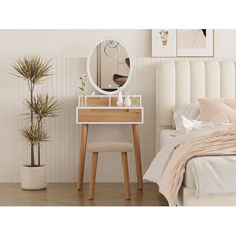 Puluomis – Coiffeuse enfant LED avec miroir ovale et tabouret – Éclairage tricolore réglable – 3 tiroirs – Dimensions table 61x40x88cm – Installation facile (1/5)