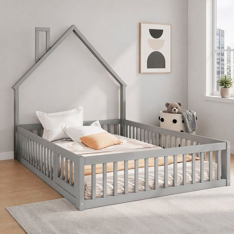 Lit enfant 140x200 avec barrière de sécurité et sommier, forme cheminée, gris HAVRYA (1/5)