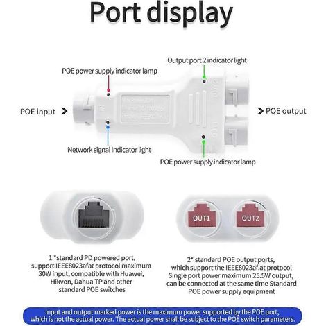 Répéteur/extenseur PoE étanche 100 m, 1 entrée, 2 sorties, haute puissance 30 W, pour extérieur, compatible avec commutateurs PoE, NVR, caméras IP et points d'accès. Installation facile et rapide. (1/4)