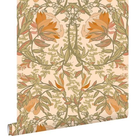 papier peint fleurs vintage de style art nouveau vert, orange et beige  - ESTAhome (1/5)