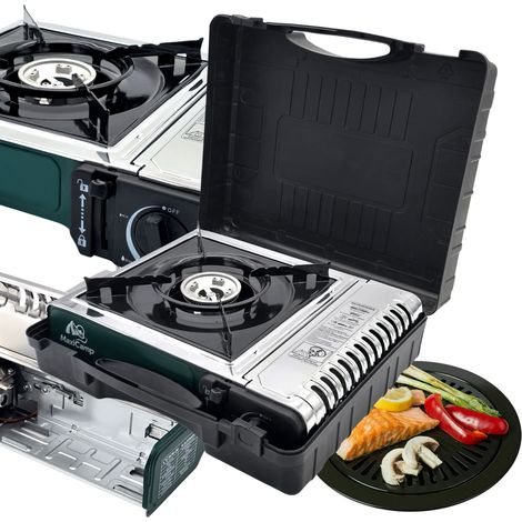 Réchaud à gaz - Acier inoxydable vert - Système de sécurité à verrouillage par rotation - Accessoire grill - Cuisine portable (1/5)