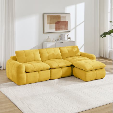 Divano angolare modulare a 3 posti in tessuto ciniglia, comoda seduta da 54 cm, design trapuntato, base antiscivolo, non richiede montaggio, pouf incluso, giallo (1/5)